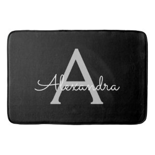 Black Silver Modern Script Girly Monogram Name Bath Mat