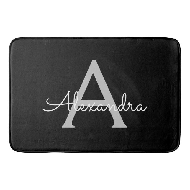 Black Silver Modern Script Girly Monogram Name Bath Mat (Front)
