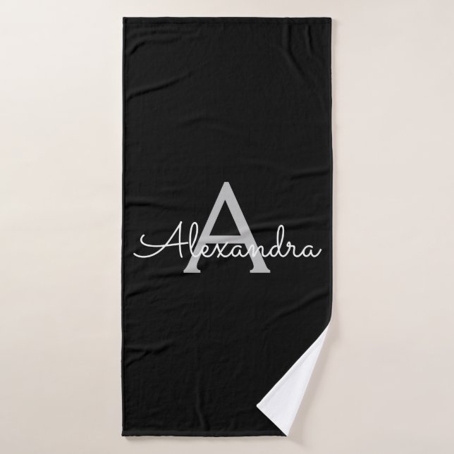 Black Silver Modern Script Girly Monogram Name Bath Towel (Bath Towel)