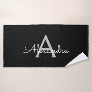 Black Silver Modern Script Girly Monogram Name Bath Towel