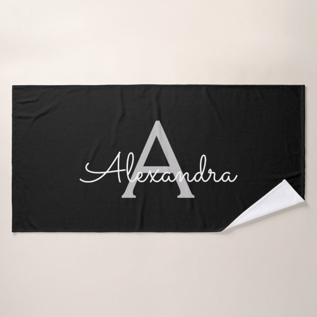 Black Silver Modern Script Girly Monogram Name Bath Towel (Bath Towel)