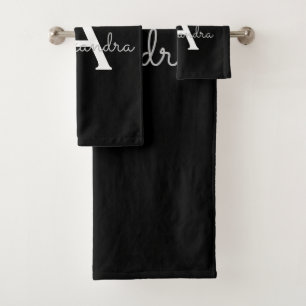 Black Silver Modern Script Girly Monogram Name Bath Towel Set