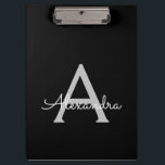Black Silver Modern Script Girly Monogram Name Clipboard<br><div class="desc">Black and Silver Monogram Name Planning Clipboard. This makes the perfect sweet 16 birthday,  wedding,  bridal shower,  anniversary,  baby shower or bachelorette party gift for someone that loves glam luxury and chic styles.</div>
