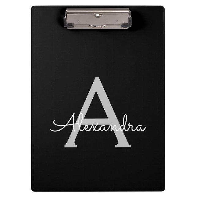 Black Silver Modern Script Girly Monogram Name Clipboard (Front)