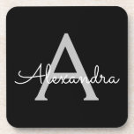 Black Silver Modern Script Girly Monogram Name Coaster<br><div class="desc">Black and Silver Simple Script Monogram Name Paper Coasters. This makes the perfect graduation,  birthday,  wedding,  bridal shower,  anniversary,  baby shower or bachelorette party gift for someone that loves glam luxury and chic styles.</div>