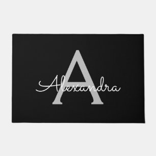 Black Silver Modern Script Girly Monogram Name Doormat