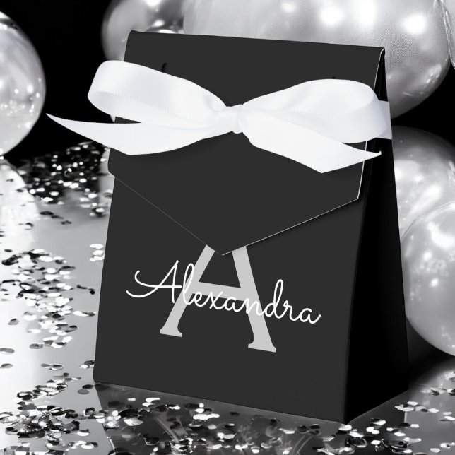 Black Silver Modern Script Girly Monogram Name Favour Box (Creator Uploaded)