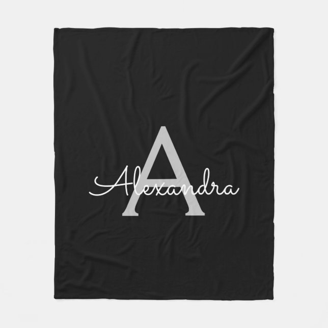 Black Silver Modern Script Girly Monogram Name Fleece Blanket (Front)