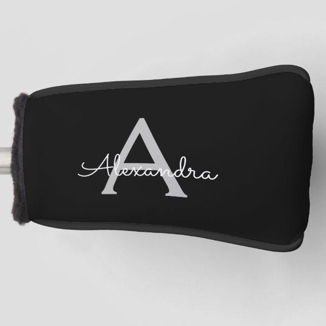 Black Silver Modern Script Girly Monogram Name Golf Head Cover (Front)