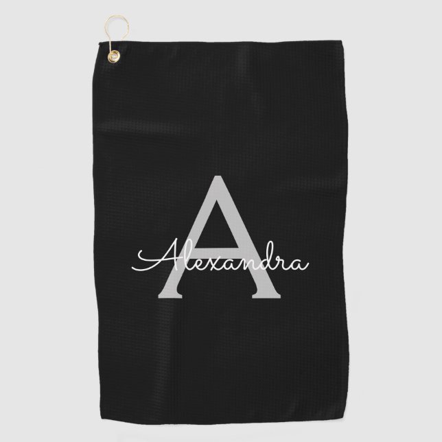Black Silver Modern Script Girly Monogram Name Golf Towel (Front)