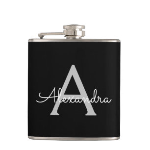 Black Silver Modern Script Girly Monogram Name Hip Flask