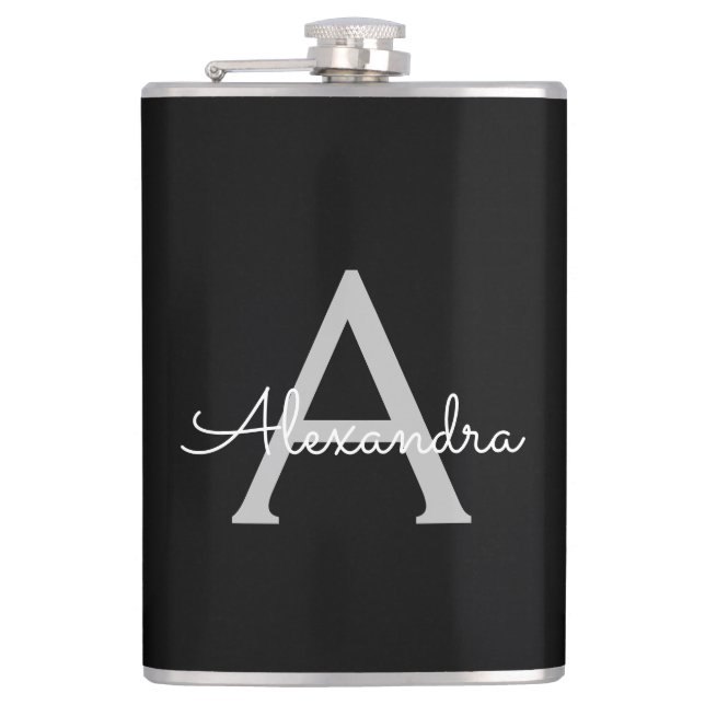 Black Silver Modern Script Girly Monogram Name Hip Flask (Front)