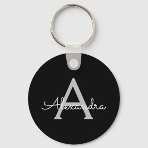 Black Silver Modern Script Girly Monogram Name Key Ring