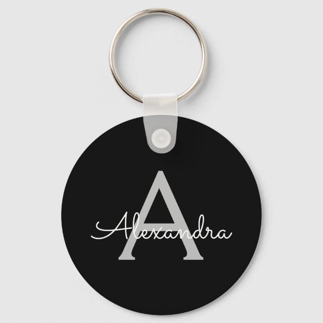 Black Silver Modern Script Girly Monogram Name Key Ring (Front)