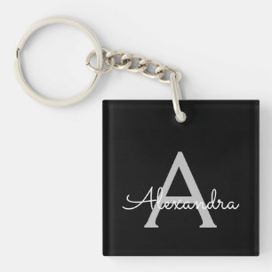 Black Silver Modern Script Girly Monogram Name Key Ring