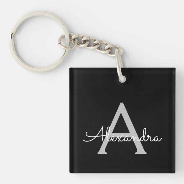 Black Silver Modern Script Girly Monogram Name Key Ring (Front)