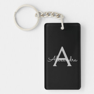 Black Silver Modern Script Girly Monogram Name Key Ring