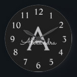 Black Silver Modern Script Girly Monogram Name Large Clock<br><div class="desc">Black and Silver Simple Script Monogram Name Clock. This makes the perfect sweet 16 birthday,  wedding,  bridal shower,  anniversary,  baby shower or bachelorette party gift for someone that loves glam luxury and chic styles.</div>