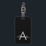 Black Silver Modern Script Girly Monogram Name Luggage Tag<br><div class="desc">Silver and Black Monogram Add Your Own Name Script Signature Pillow. The luggage bag tag makes the perfect sweet 16 birthday,  wedding,  bridal shower,  baby shower or bachelorette party gift for someone who loves a chic elegant and modern style.</div>