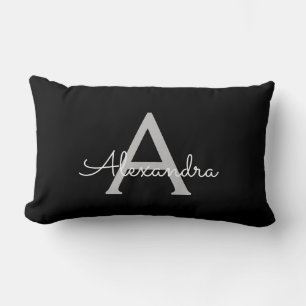 Black Silver Modern Script Girly Monogram Name Lumbar Cushion