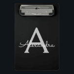 Black Silver Modern Script Girly Monogram Name Mini Clipboard<br><div class="desc">Black and Silver Name Planning Clipboard. This makes the perfect sweet 16 birthday,  wedding,  bridal shower,  anniversary,  baby shower or bachelorette party gift for someone that loves glam luxury and chic styles.</div>