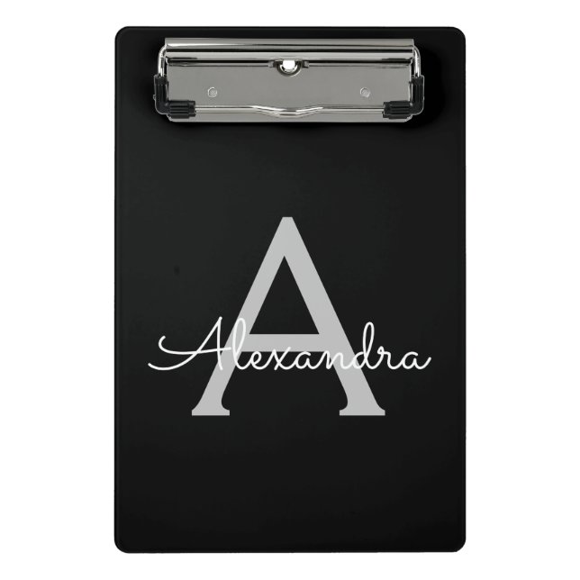 Black Silver Modern Script Girly Monogram Name Mini Clipboard (Front)