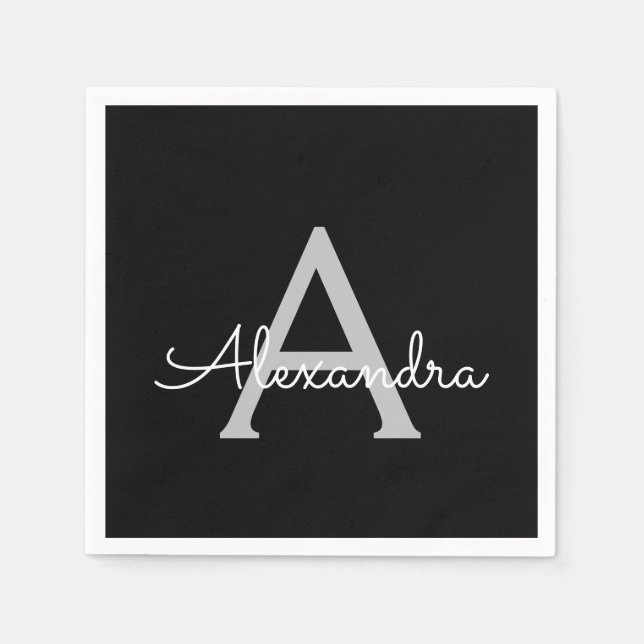 Black Silver Modern Script Girly Monogram Name Napkin (Front)