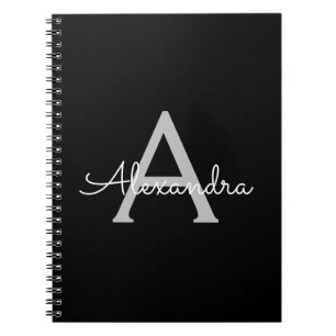 Black Silver Modern Script Girly Monogram Name Notebook
