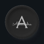 Black Silver Modern Script Girly Monogram Name Paper Plate<br><div class="desc">Silver and Black Monogram Add Your Own Name Script Party Plates. This makes the perfect sweet 16 birthday,  wedding,  bridal shower,  anniversary,  baby shower or bachelorette party gift for someone that loves glam luxury and chic styles.</div>