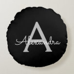 Black Silver Modern Script Girly Monogram Name Round Cushion<br><div class="desc">Black and Silver Simple Script Monogram Name Pouf Pillow. The pillow makes the perfect sweet 16 birthday,  wedding,  bridal shower,  baby shower or bachelorette party gift for someone decorating her room in rose gold.</div>