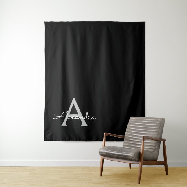 Black Silver Modern Script Girly Monogram Name Tapestry (In Situ)
