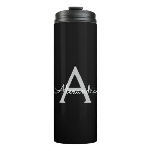 Black Silver Modern Script Girly Monogram Name Thermal Tumbler