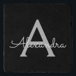 Black Silver Modern Script Girly Monogram Name Trivet<br><div class="desc">Black and Silver Simple Script Monogram Name Stone Trivet. This makes the perfect graduation,  birthday,  wedding,  bridal shower,  anniversary,  baby shower or bachelorette party gift for someone that loves glam luxury and chic styles.</div>