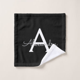 Black Silver Modern Script Girly Monogram Name Wash Cloth