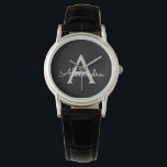 Black Silver Modern Script Girly Monogram Name Watch<br><div class="desc">Black and Silver Simple Script Monogram Name Watch. This makes the perfect graduation,  birthday,  wedding,  bridal shower,  anniversary,  baby shower or bachelorette party gift for someone that loves glam luxury and chic styles.</div>