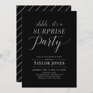 Black & Silver   Modern Surprise Birthday Party Invitation