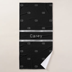 Black silver monogram initials pattern name bath towel