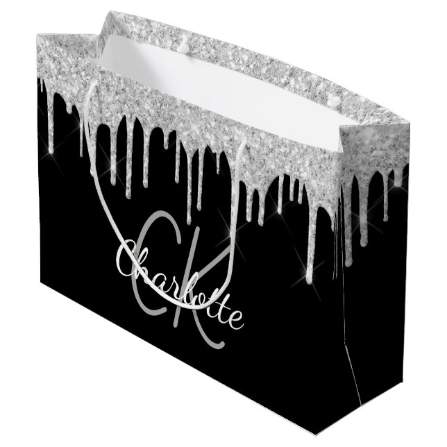 Black silver monogram name modern elegant large gift bag (Back Angled)