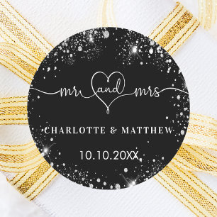 Black silver mr mrs heart wedding classic round sticker