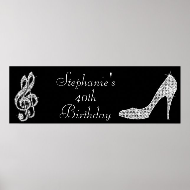 Black/Silver Music Note & Stiletto 40th Birthday Poster (Front)