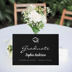 Black silver name script cap Graduation Guest Book