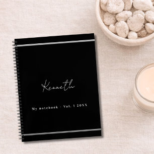 Black silver name script minimalist notebook