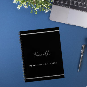 Black silver name script minimalist notebook