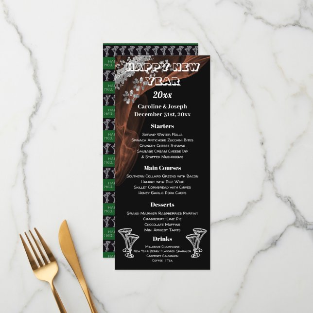Black & Silver New Year Menu & Champagne Glasses (Front/Back In Situ)