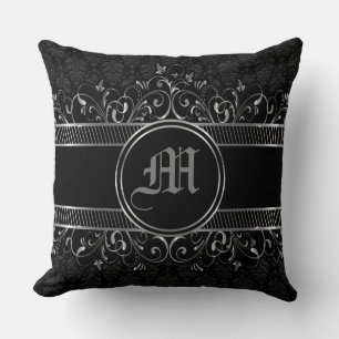 Black & Silver Ornate Gothic Monogrammed Cushion