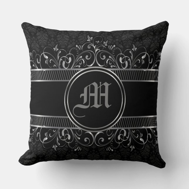 Black & Silver Ornate Gothic Monogrammed Cushion (Front)