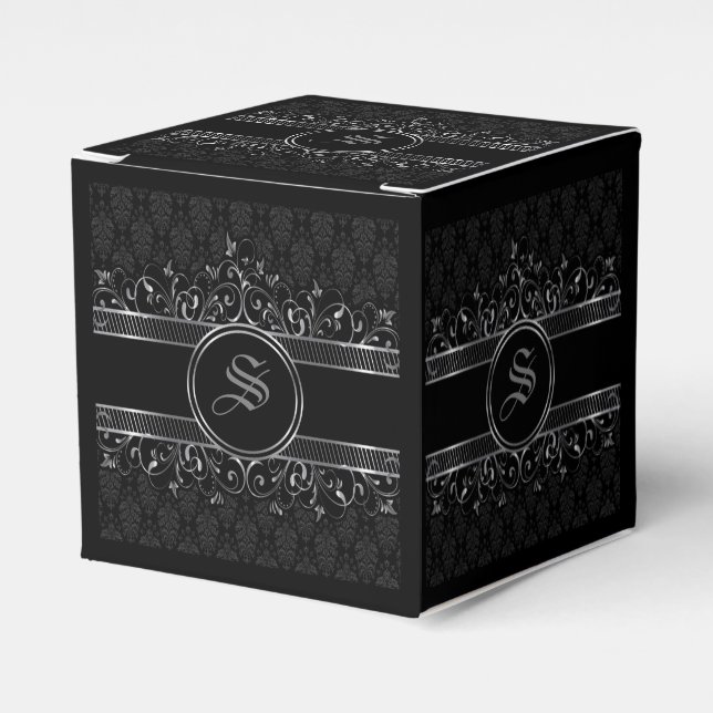 Black & Silver Ornate Gothic Monogrammed  Favour Box (Front Side)
