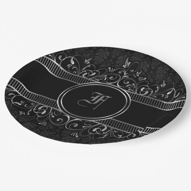 Black & Silver Ornate Gothic Monogrammed  Paper Plate (Angled)