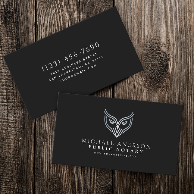 Black Silver Owl Minimal Notary Loan Signing Agent Business Card (Creator Uploaded)