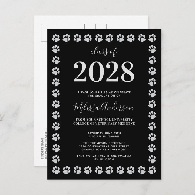 Black Silver Paw Prints Graduation Invitation Postcard (Front/Back)